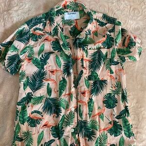 Old Navy Tropical Green and Pink Button Down Shirt